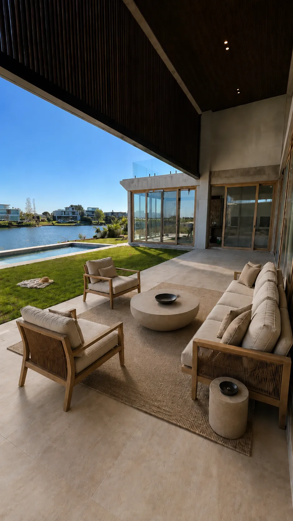 Galería con estar exterior, pileta y vista al lago