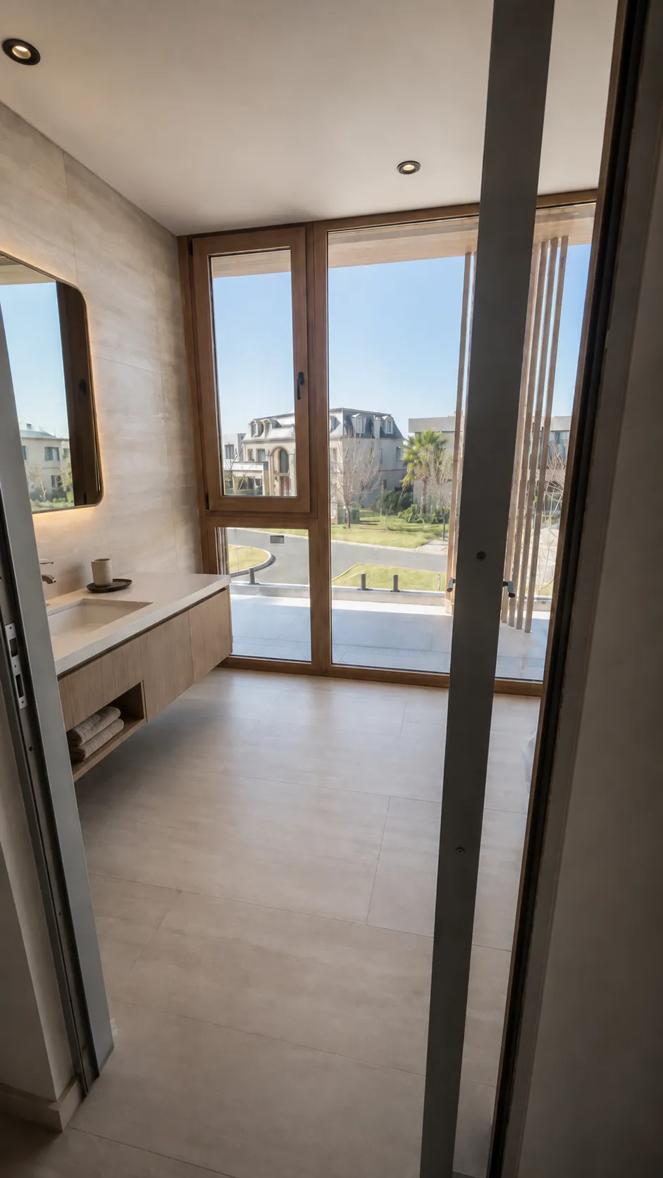 Baño con vanitory flotante y ventanal de piso a techo
