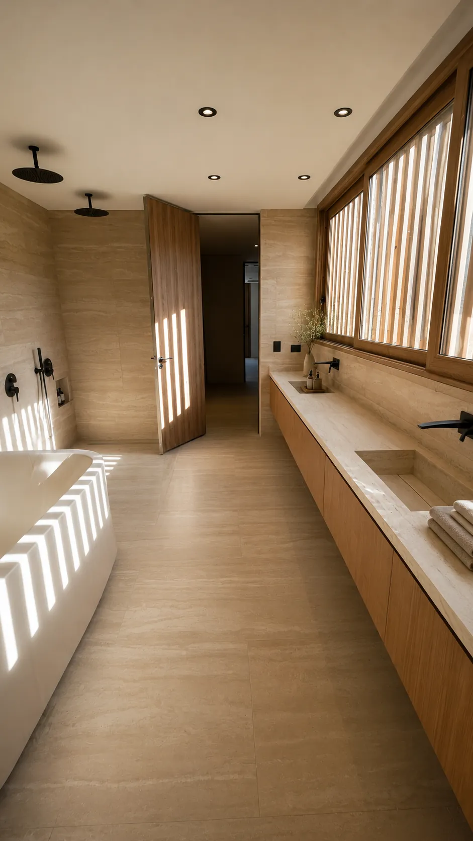 Baño principal con bañera, doble vanitory y parasoles de madera
