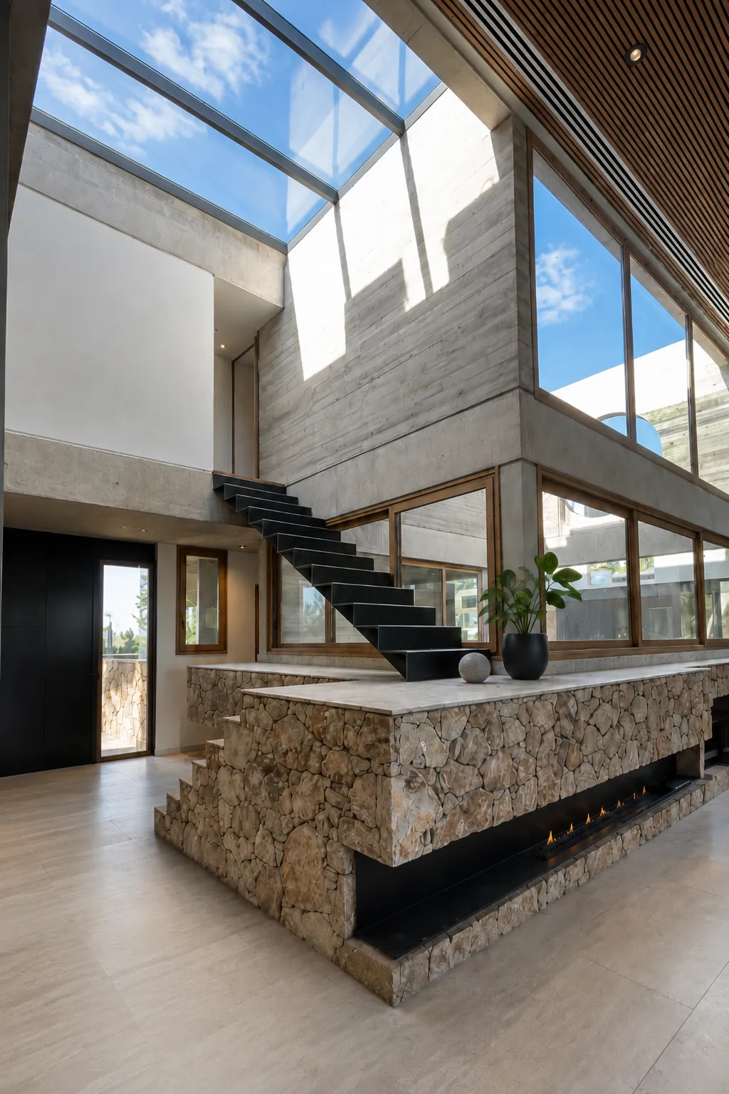 Hall de doble altura con lucernario, escalera volada y hogar de piedra