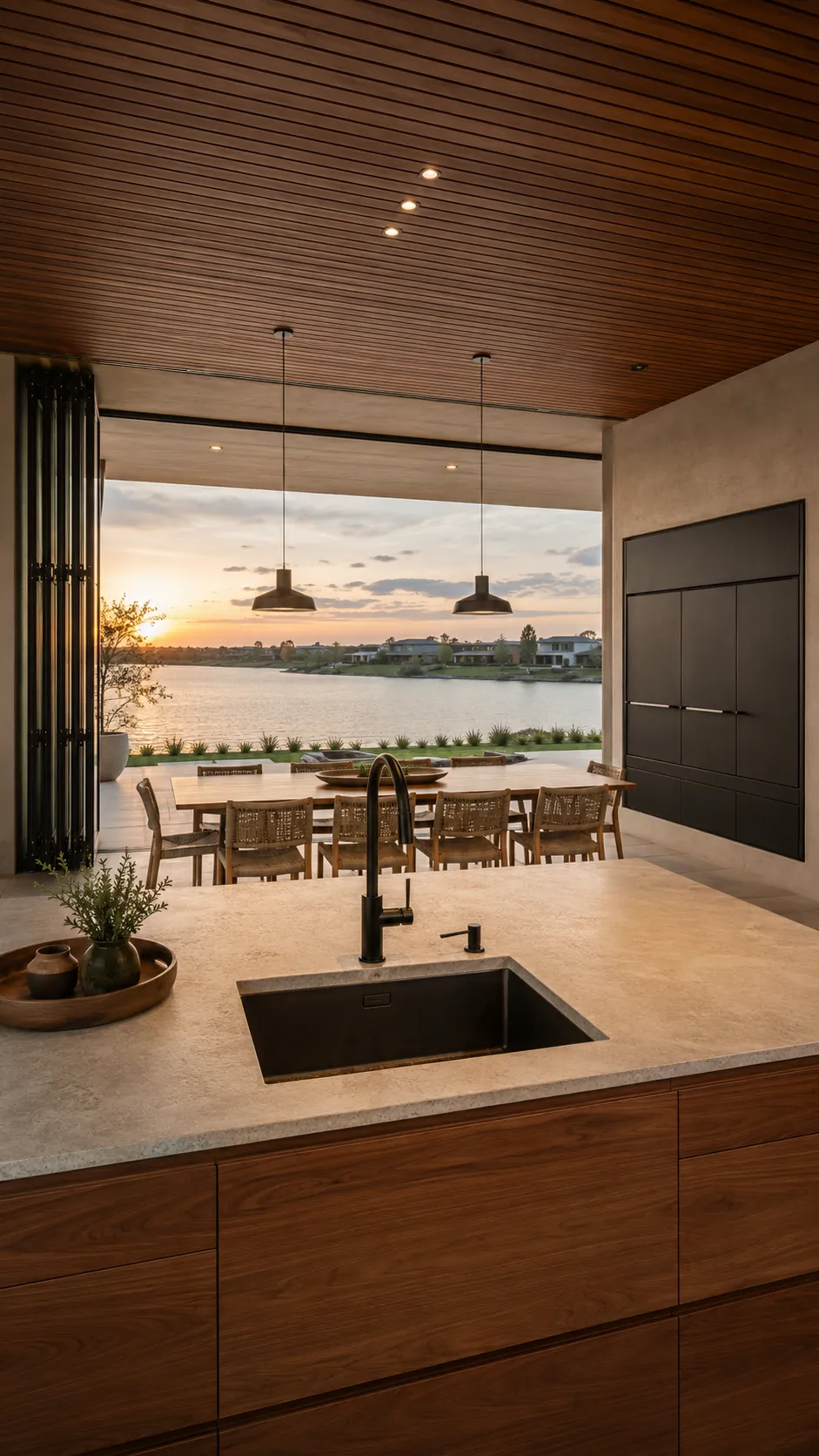 Cocina con isla y vista al lago al atardecer