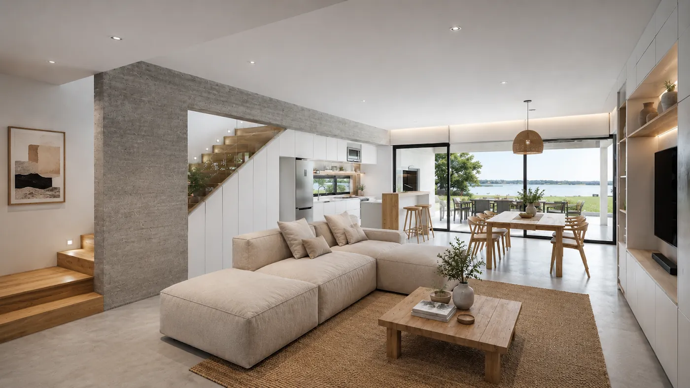 Living con sofá esquinero, escalera de madera y vista al lago