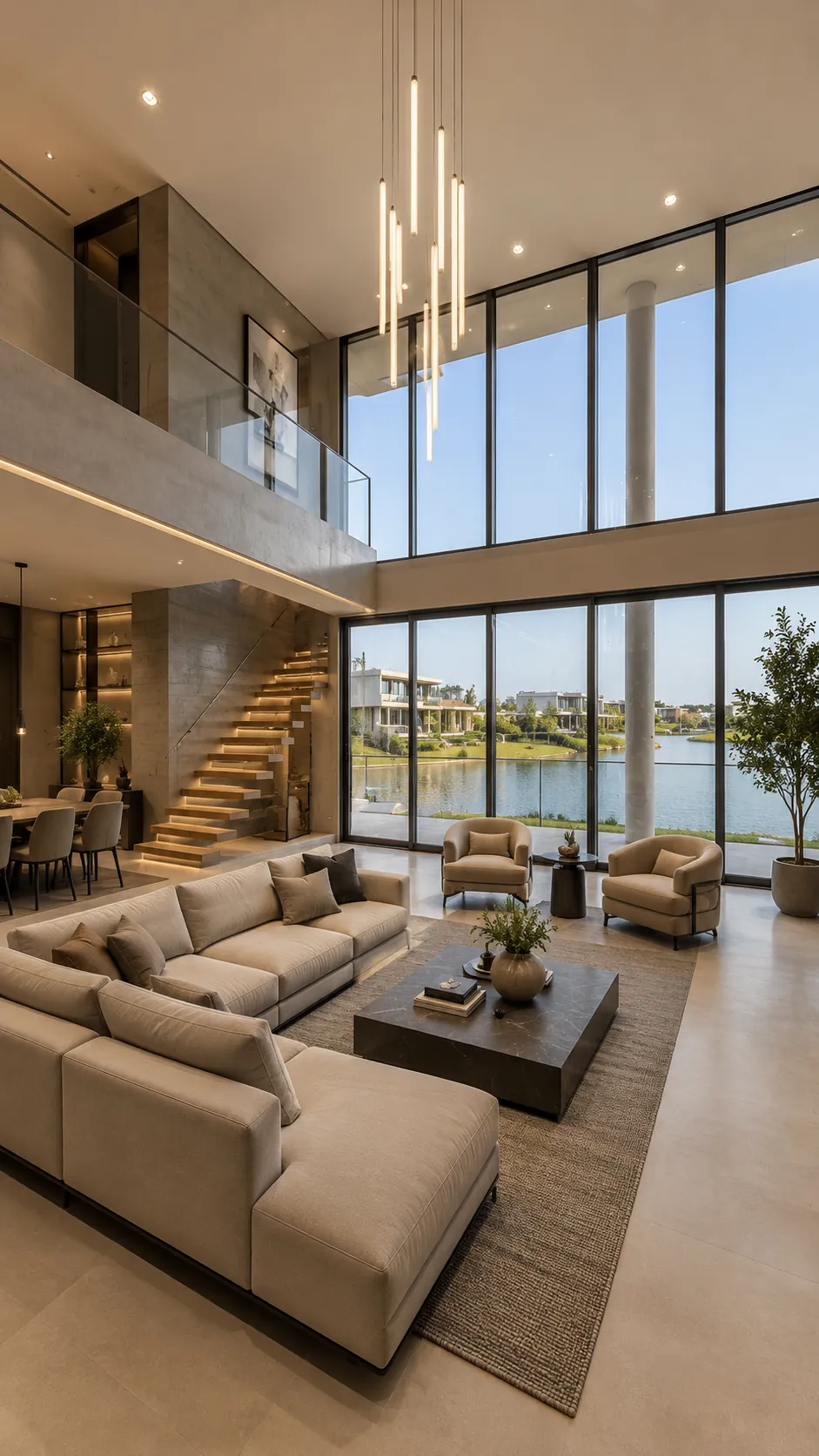 Living de doble altura con ventanales al lago