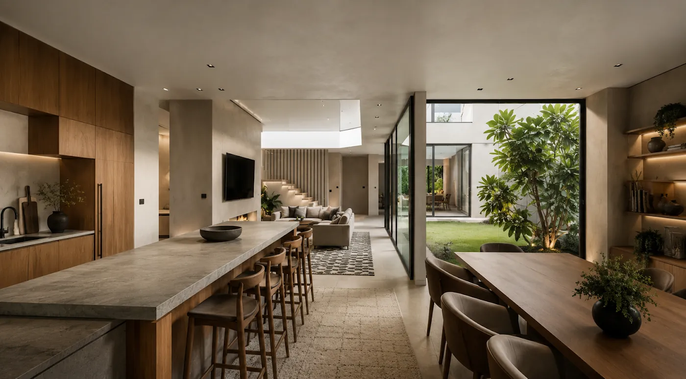 Cocina, comedor y living integrados junto a un patio interno