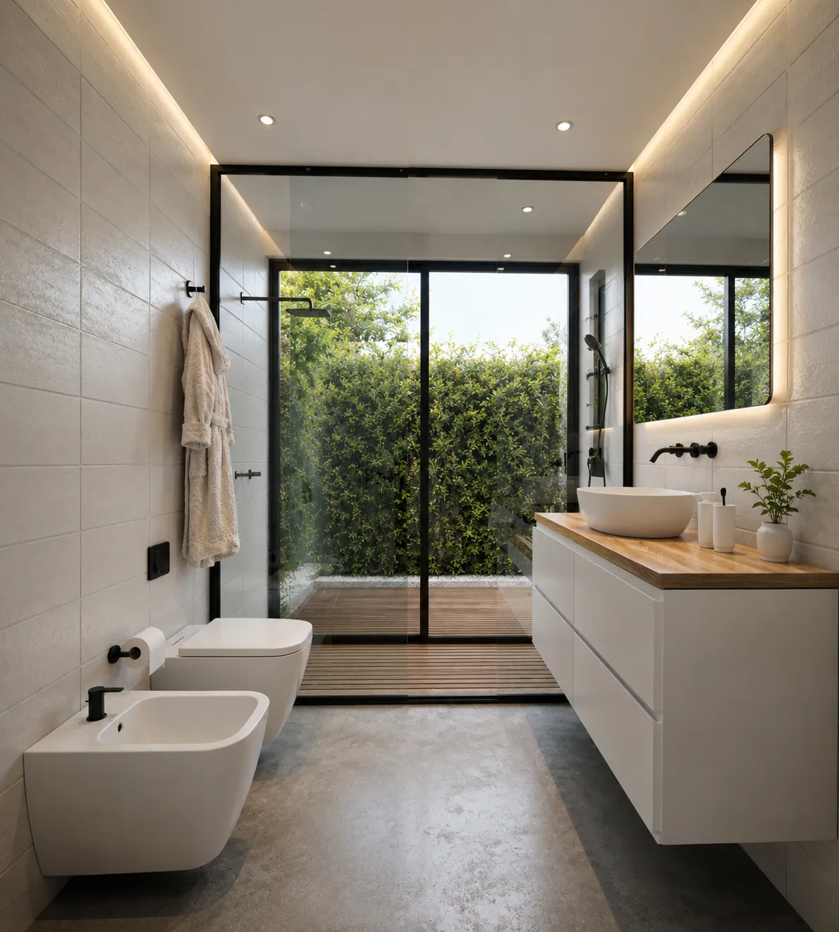 Baño con ducha vidriada abierta a un patio verde