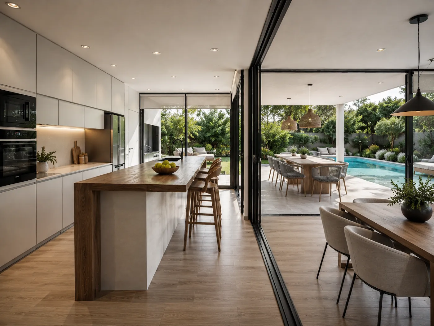Cocina con isla de madera abierta a la galería y la pileta