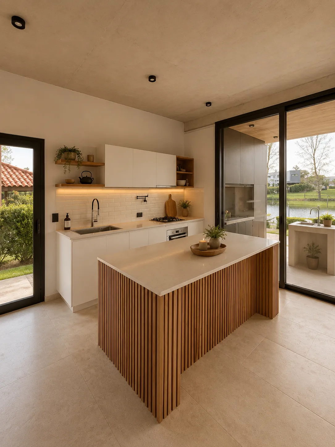 Cocina con isla de listones de madera y salida al jardín