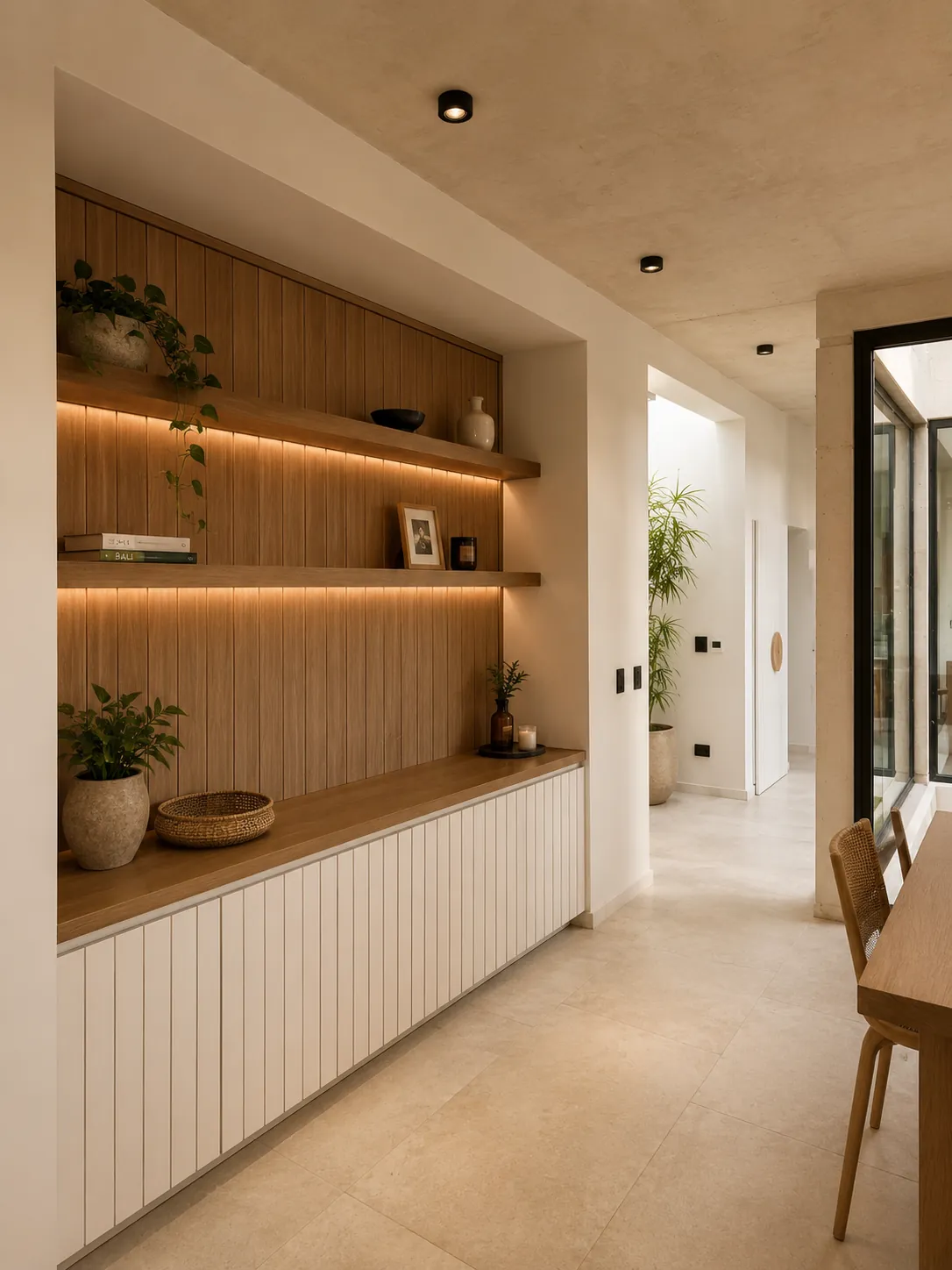 Mueble de guardado con estantes de madera iluminados