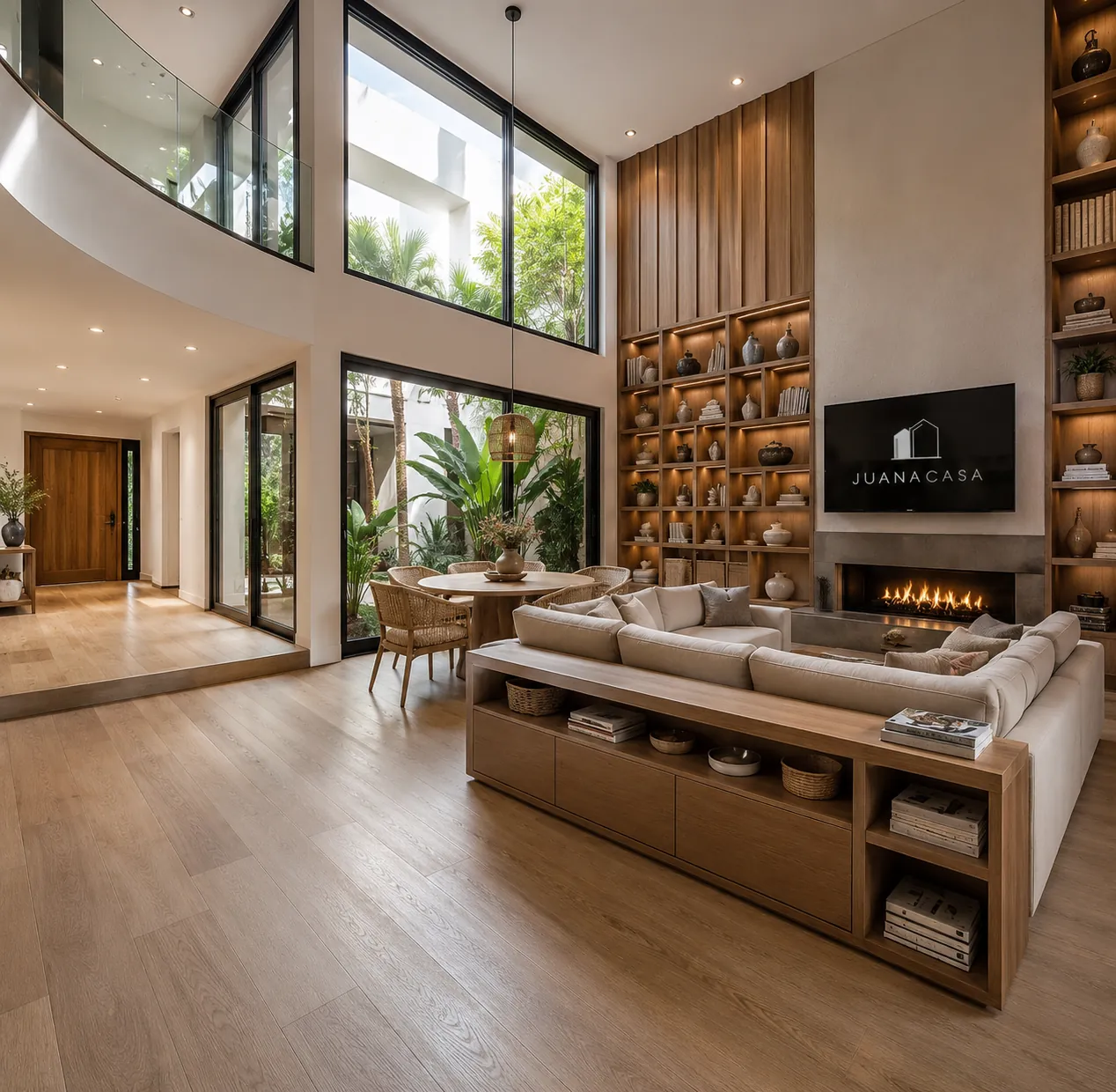 Living de doble altura con biblioteca de madera y hogar