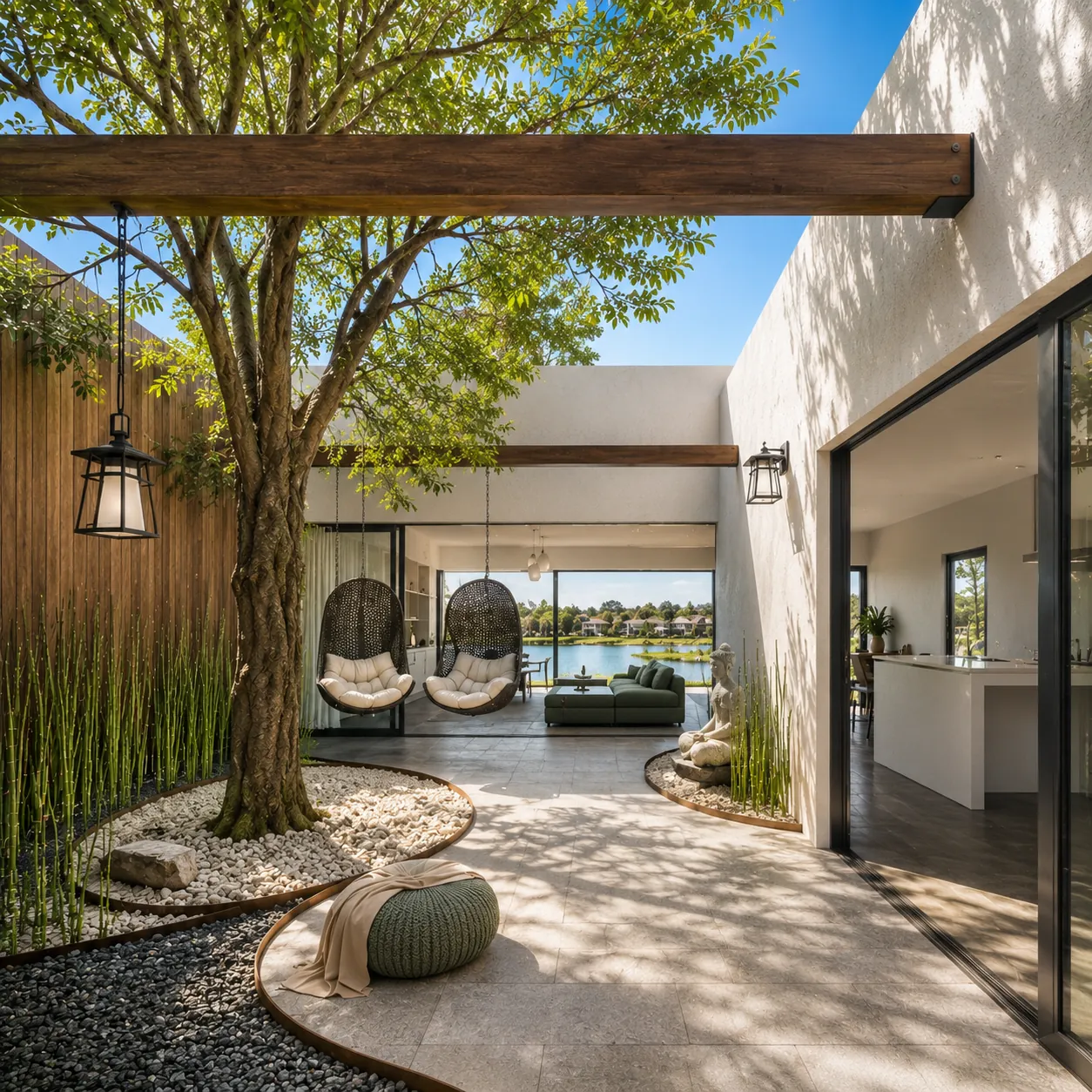 Patio interno con árbol, sillones colgantes y vista al lago