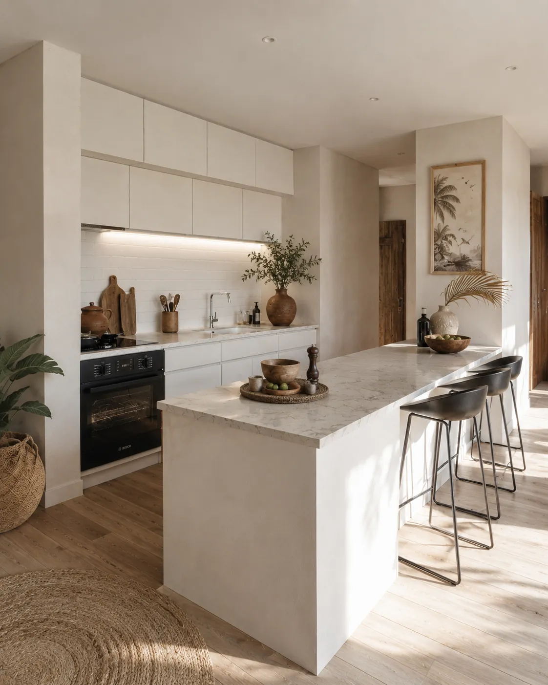 Cocina blanca con isla y banquetas