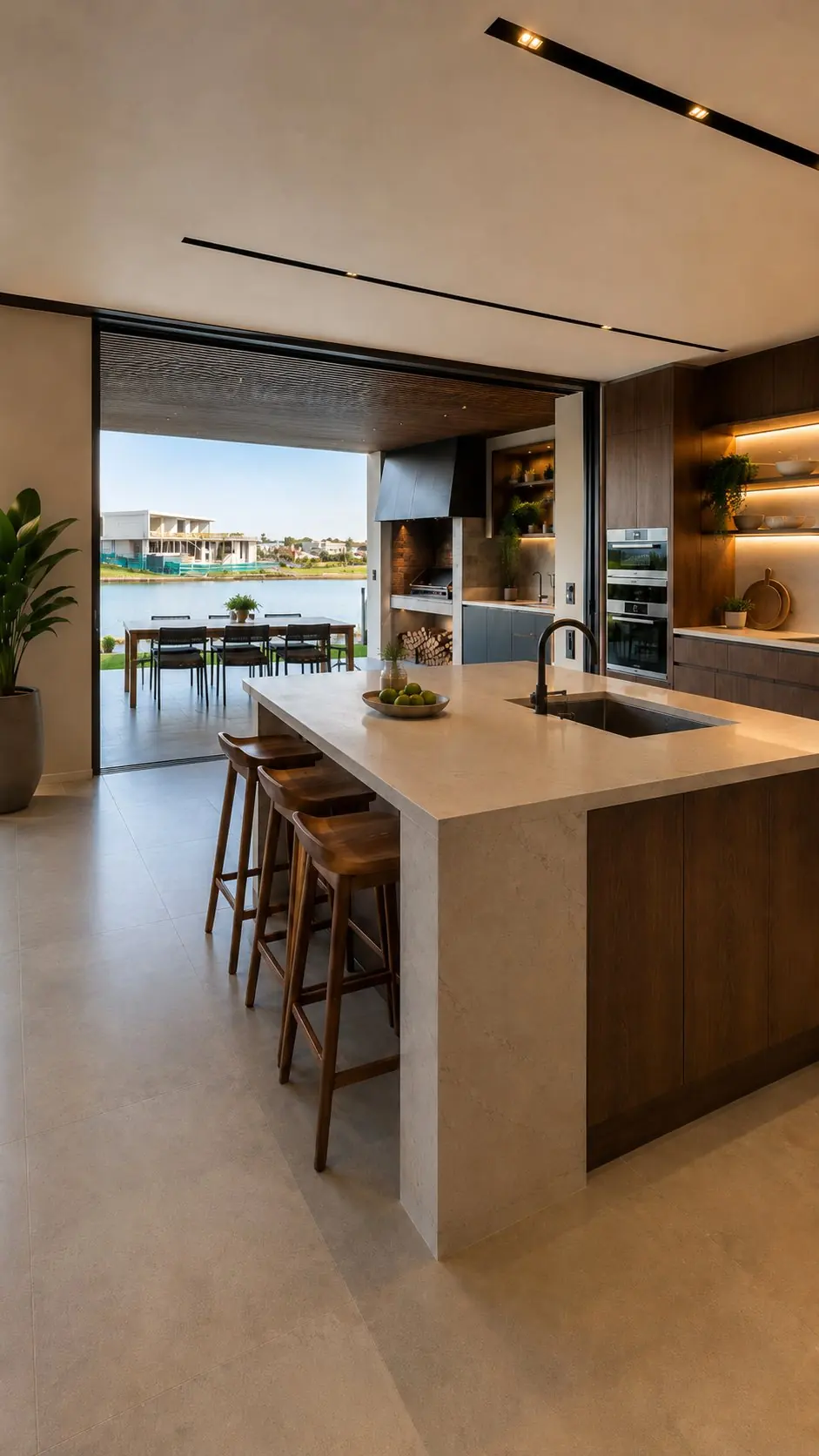 Cocina con isla y vista al lago