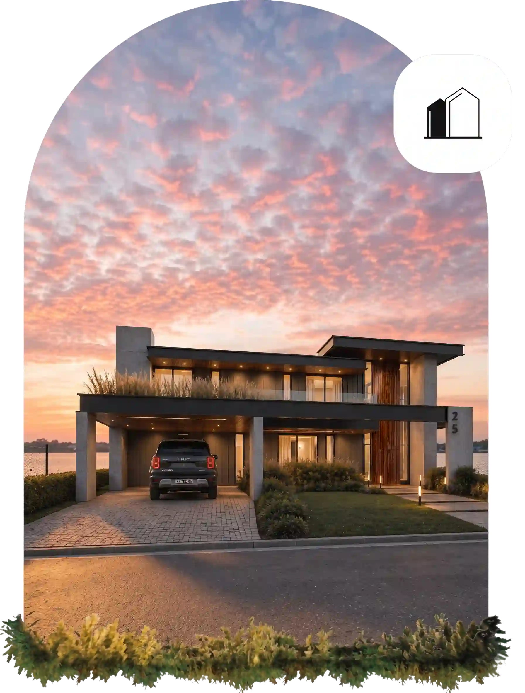 Modern house with a carport and SUV in the driveway at sunset, with landscaped front yard and water in the distance.